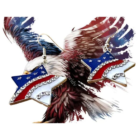 New Patriotic Star Earrings Rhinestones Dangle Patriotic July 4 Veteran'… - Picture 7 of 12